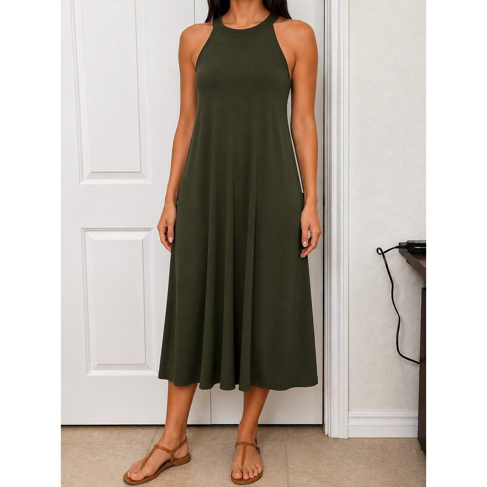 VENUS Olive Green Halter Midi Dress Women's Size M Sleeveless Casual Stretch